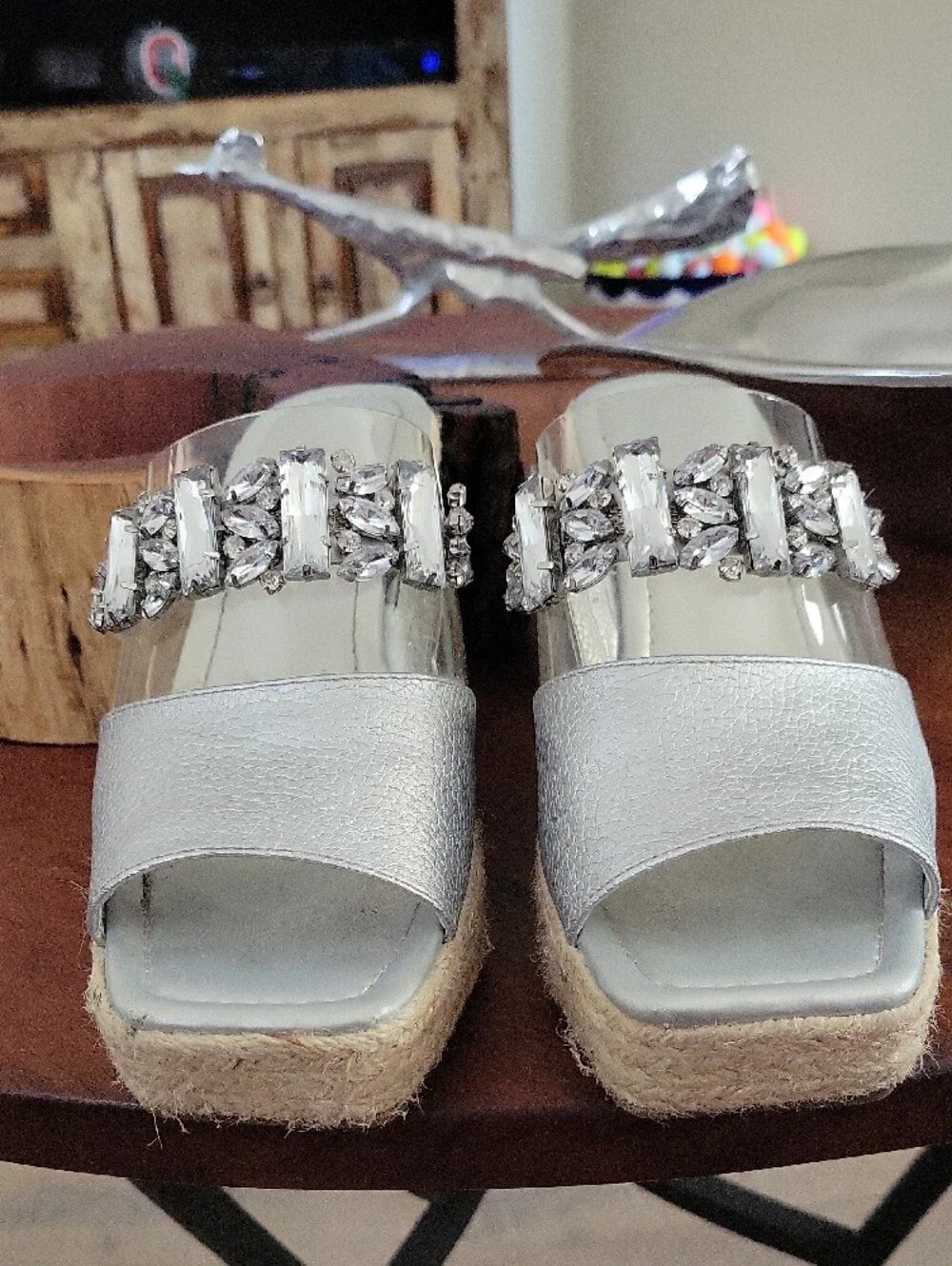 Karl Lagerfeld Carlana Silver Jeweled Espadrille Wedge Mules